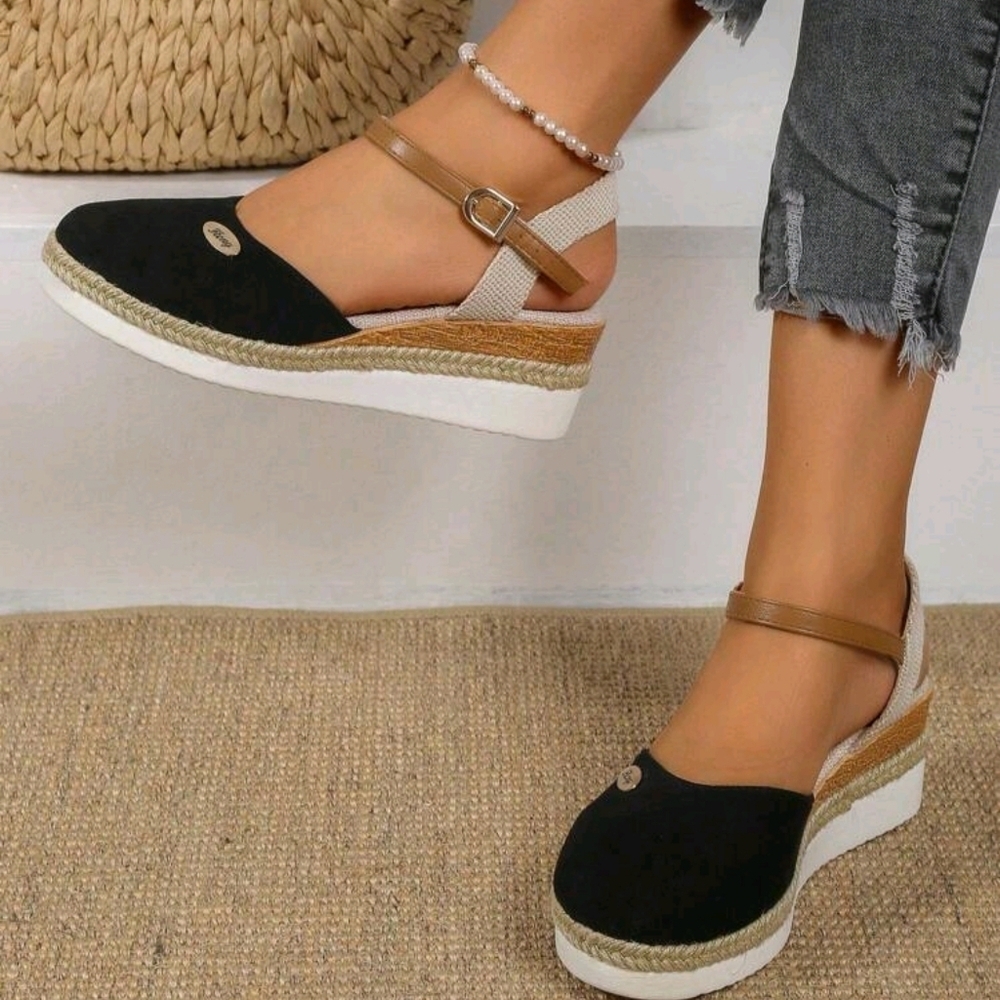 Women's Hollow-out Wedge Heel Sandals With Woven Sole, Black, Elegant Style - Picture 5 of 7